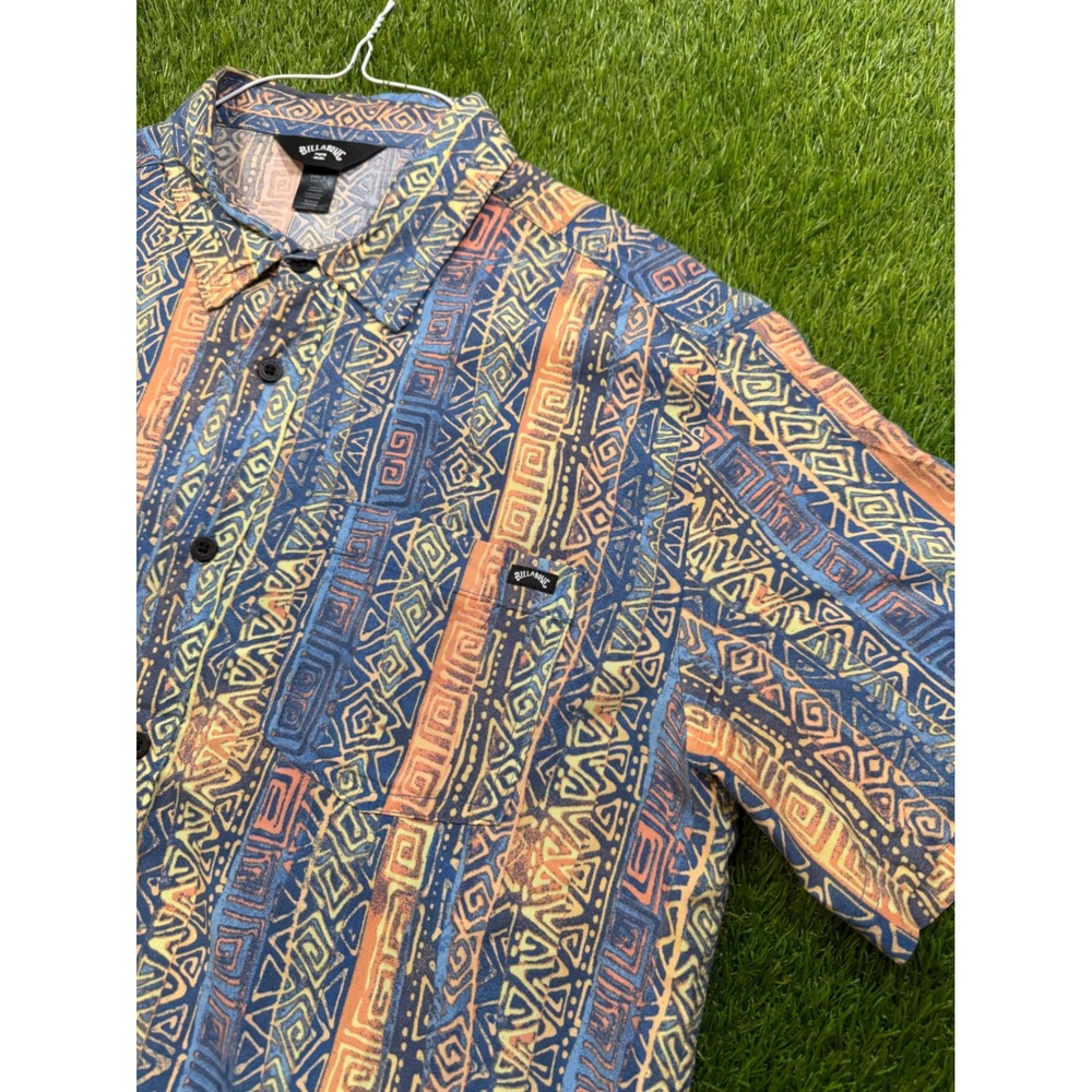 Billabong Mens Small Blue Orange Tribal Geometric Viscose Short Sleeve Shirt